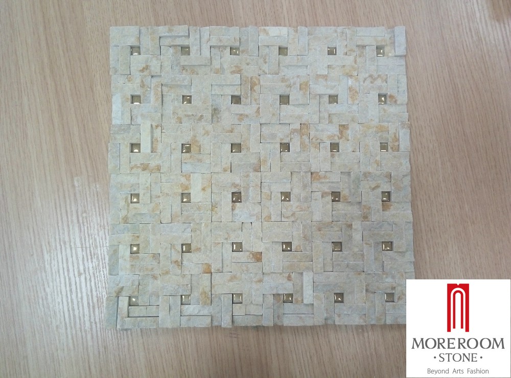 Beige Marble Honed Basketweave Mosaic Tile with golden Dots (2).jpg