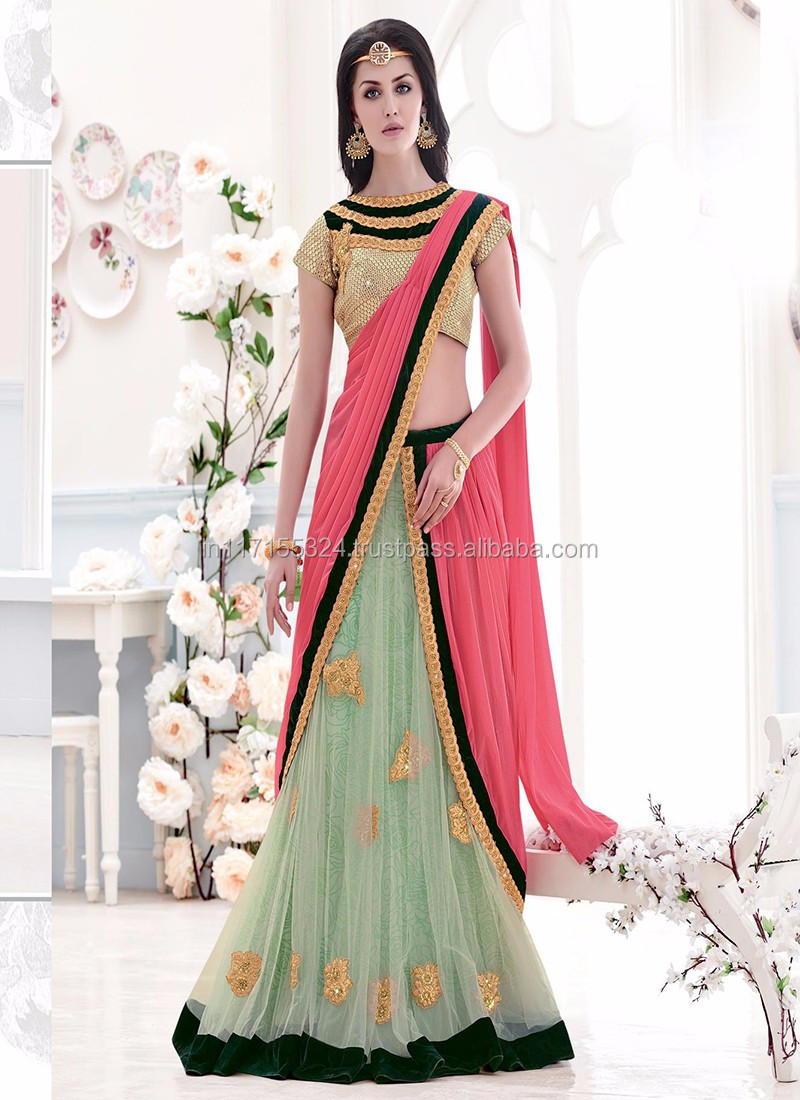 Net Beige Designer Heavy Work Lehenga Saree Function Embroidery