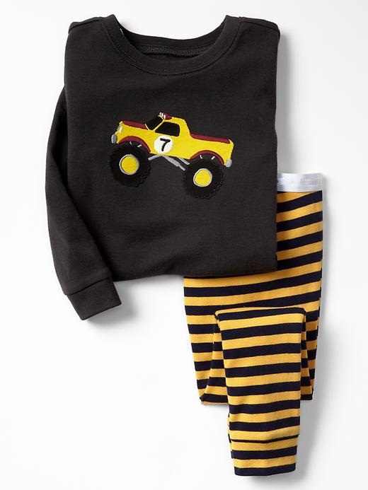 男の子のパジャマセットを持つモンスタートラックストライプ刺繍トップとパンツ仕入れ・メーカー・工場
