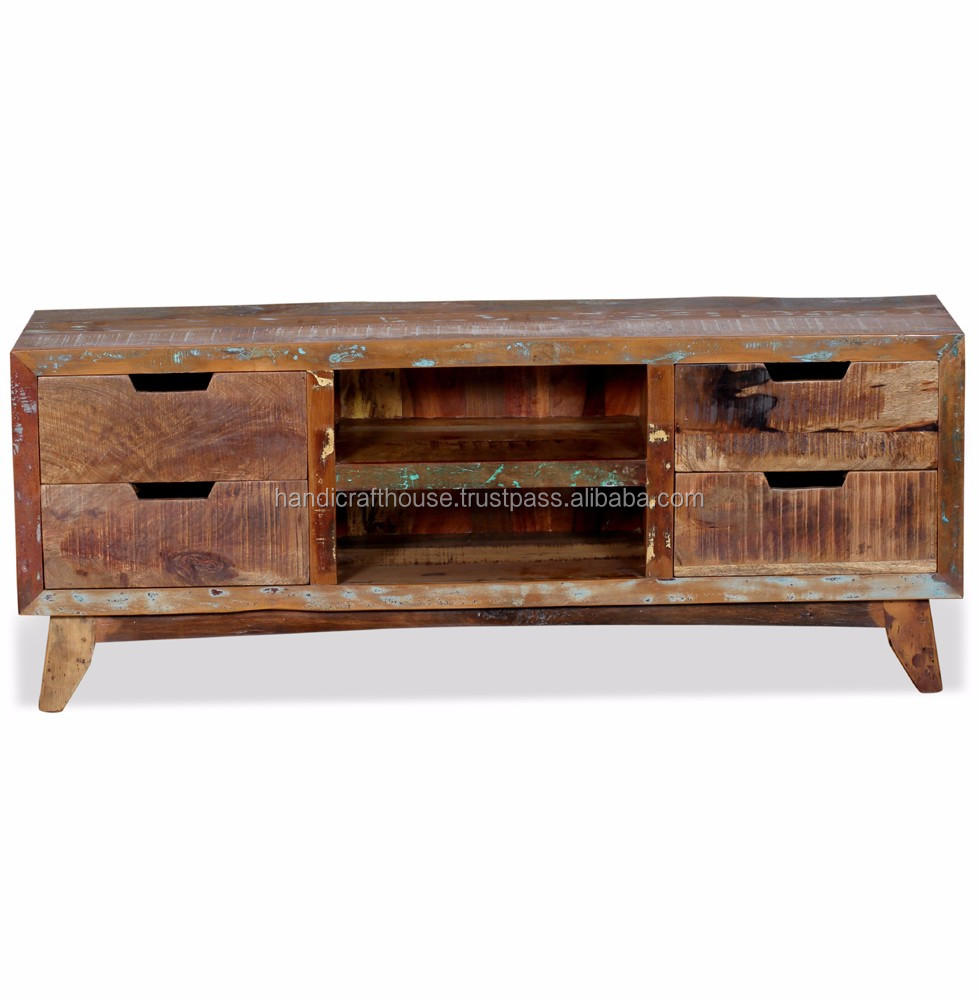 Industrial Vintage Reclaimed Wood Low Bedroom Furniture Tv Stand