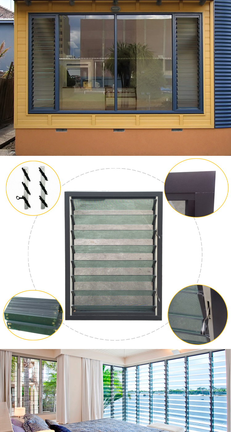 Aluminum Dajustable Glass Louver Shutter Window With Security Screen